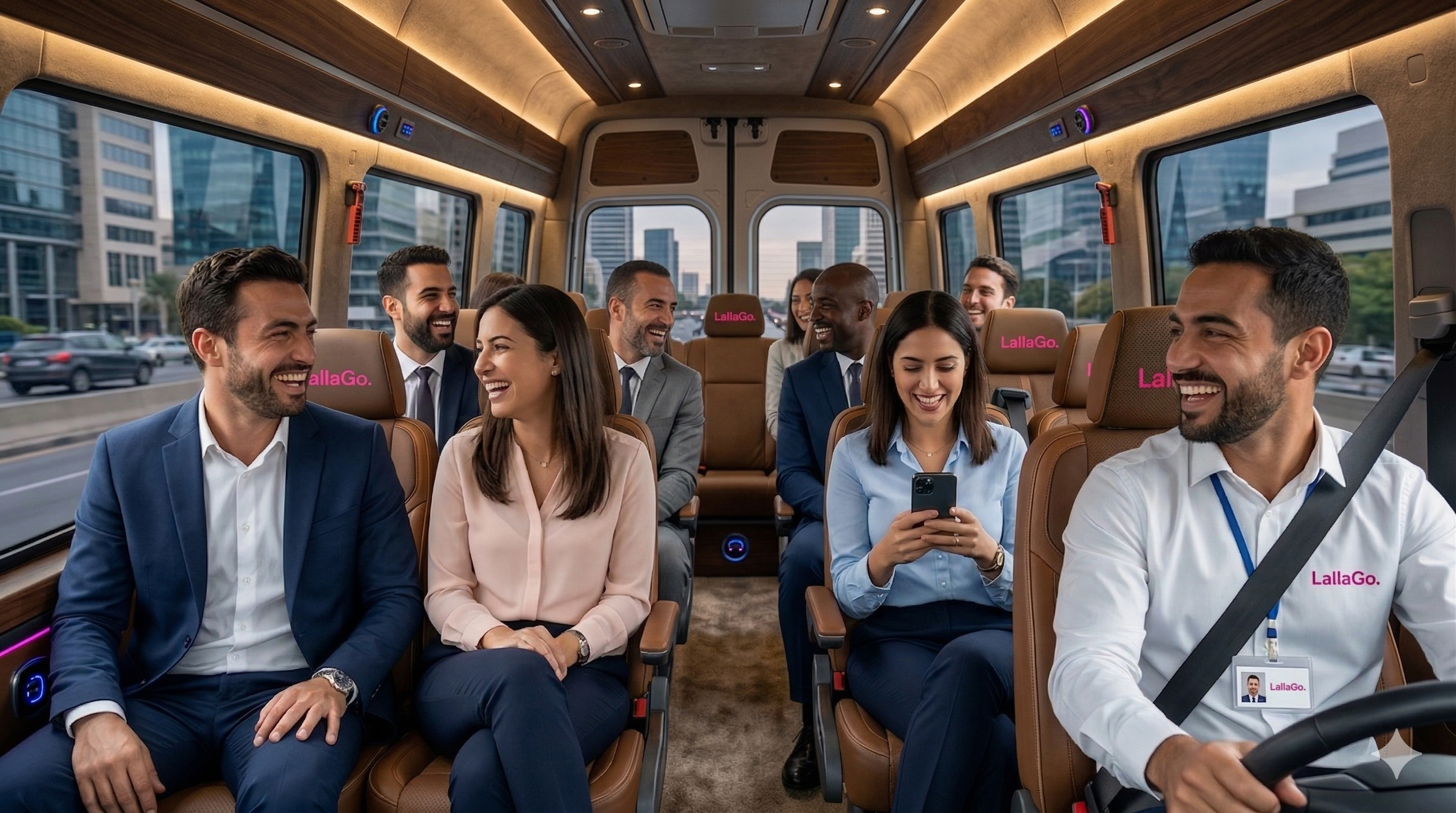 LallaGo group shuttle with happy professionals
